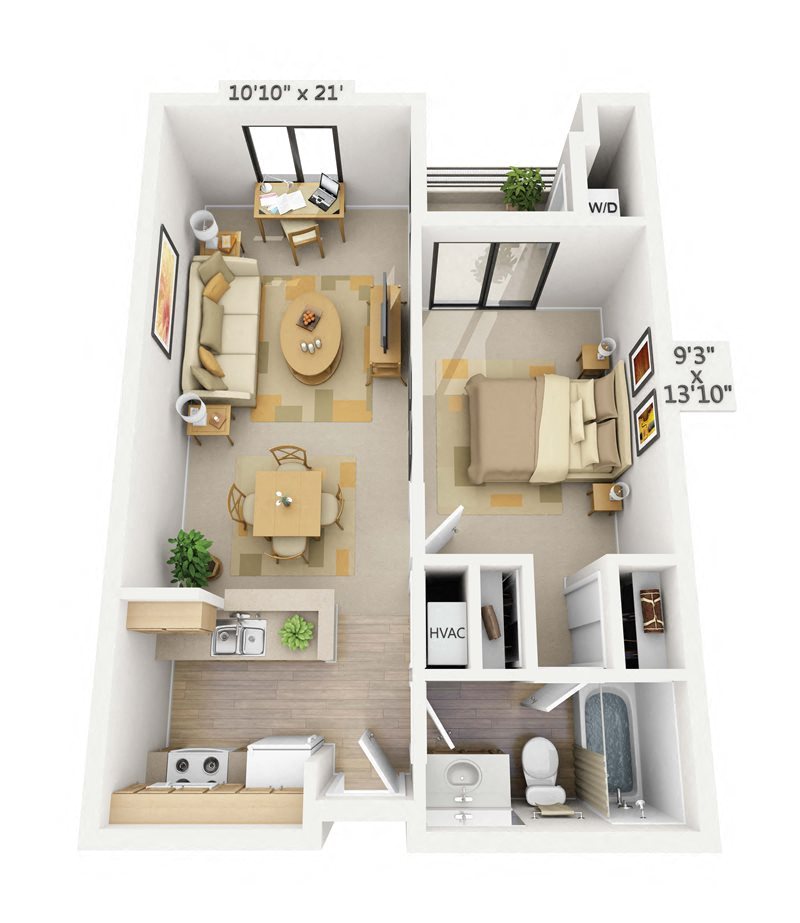 Floor plan for 1 bed, 1 bath, 656 sqft